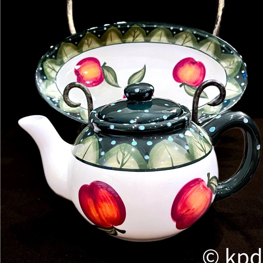 Vintage Nantucket Home Kitchenware Set: Teapot & Oval Platter in Apple Pattern